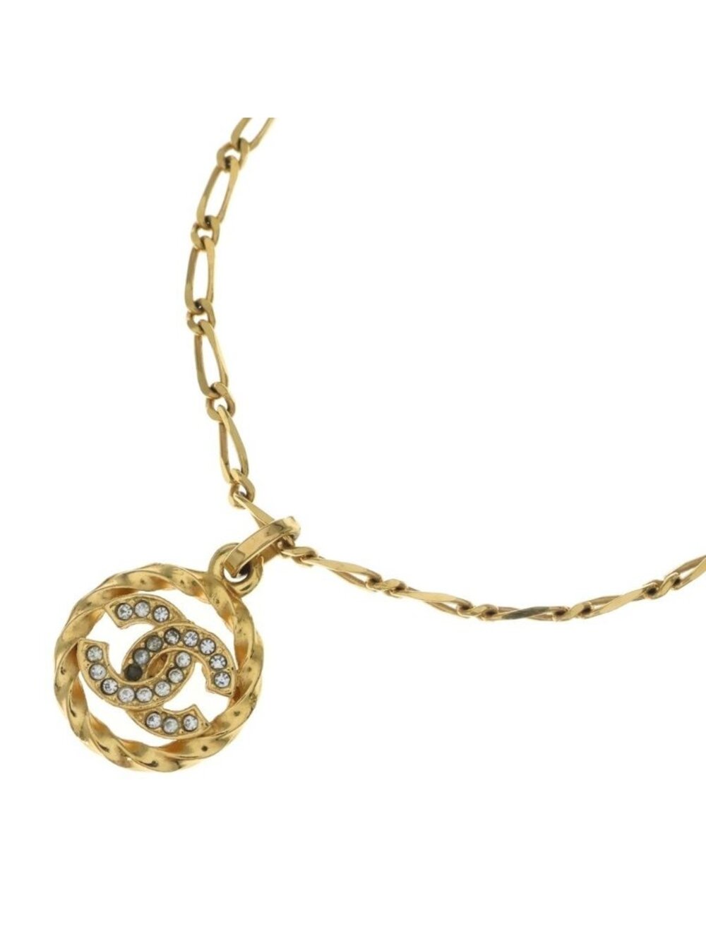 Chanel CC Logo Rhinestone Round Pendant Chain Gold